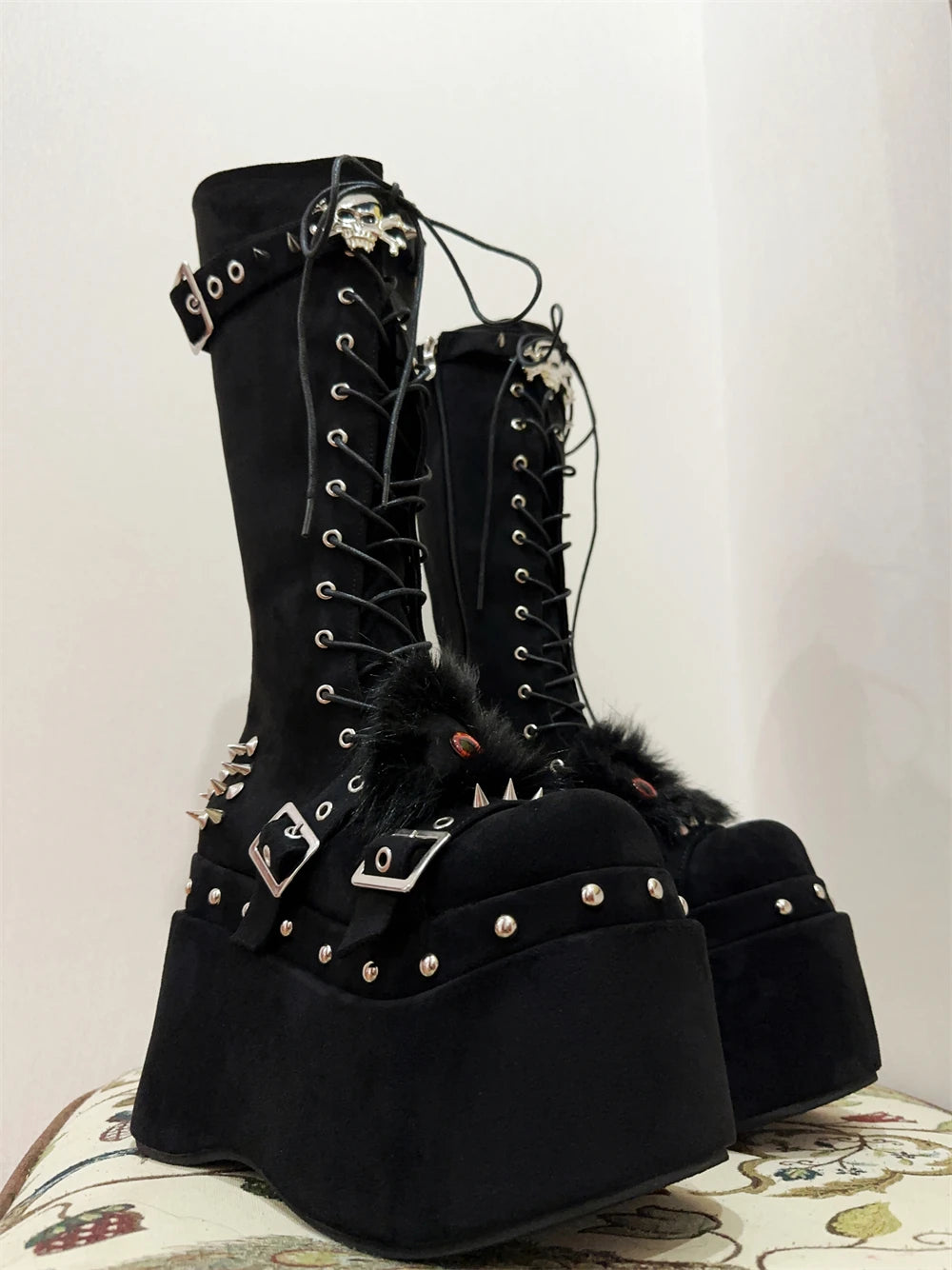 Skull Rivet Black Punk Platform Knee High Boots Shoes Women Zapatos Mujer