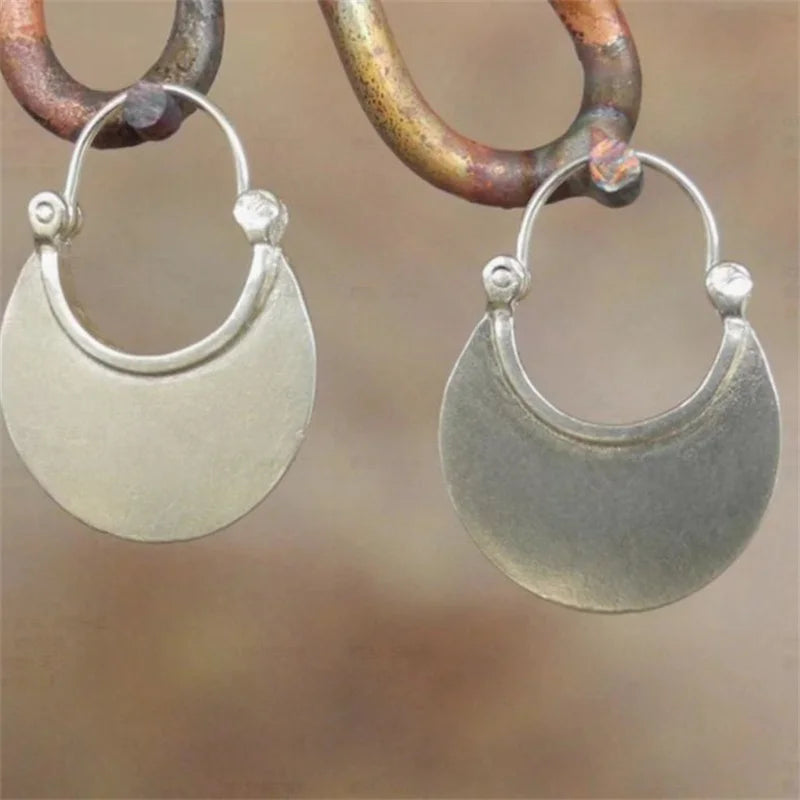 Vintage Silver Color Metal Half Round Earrings Ethnic Personality Smooth Surface Hoop Earrings for Women Jewelry