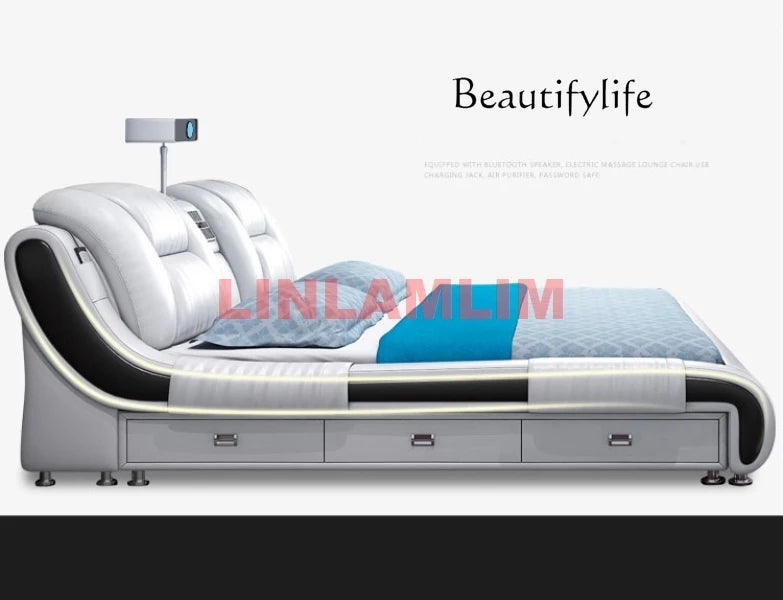 BJ Genuine Leather Bed Multifunctional Beds Ultimate Massage Camas With Bluetooth,Speaker,Safe,Air Cleaner, Projector,Drawers