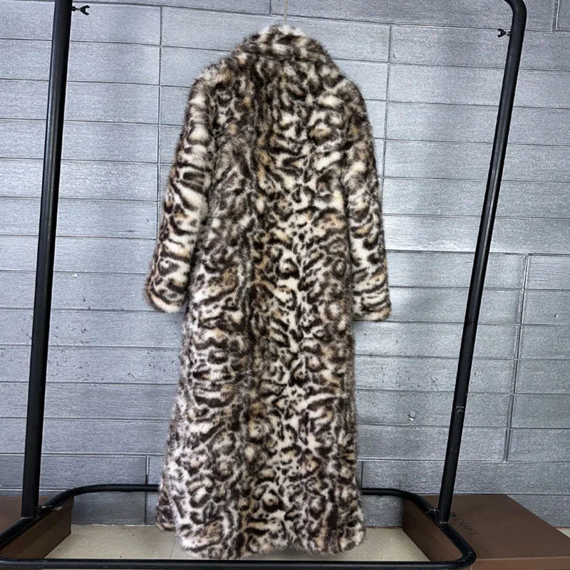 DEAT 2025 Winter Thick Leopard Print Faux Fox Fur Coat For Women Contrast Color High Quality Suit Collar Overcoat 11A06743