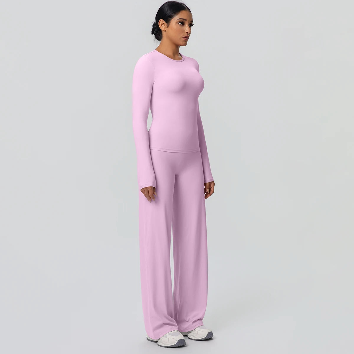 2pieces Women Gym Yoga Set Running Shirts Slim Long Sleeves Workout Top Quick Drying High Stretch Wide Leg Pants Thin Yoga Set