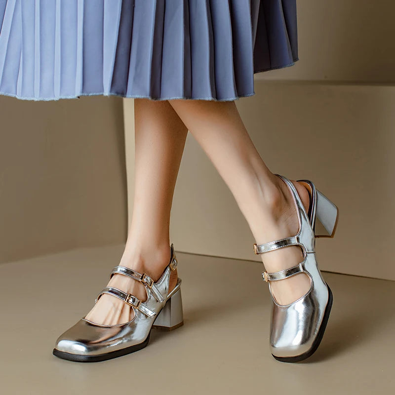 Plus Size 44 45 46 Black Silver Chunky High Heels Mary Jane Shoes Women Square Toe Double Buckle Pumps Slingback Ladies Sandals - Kimlud