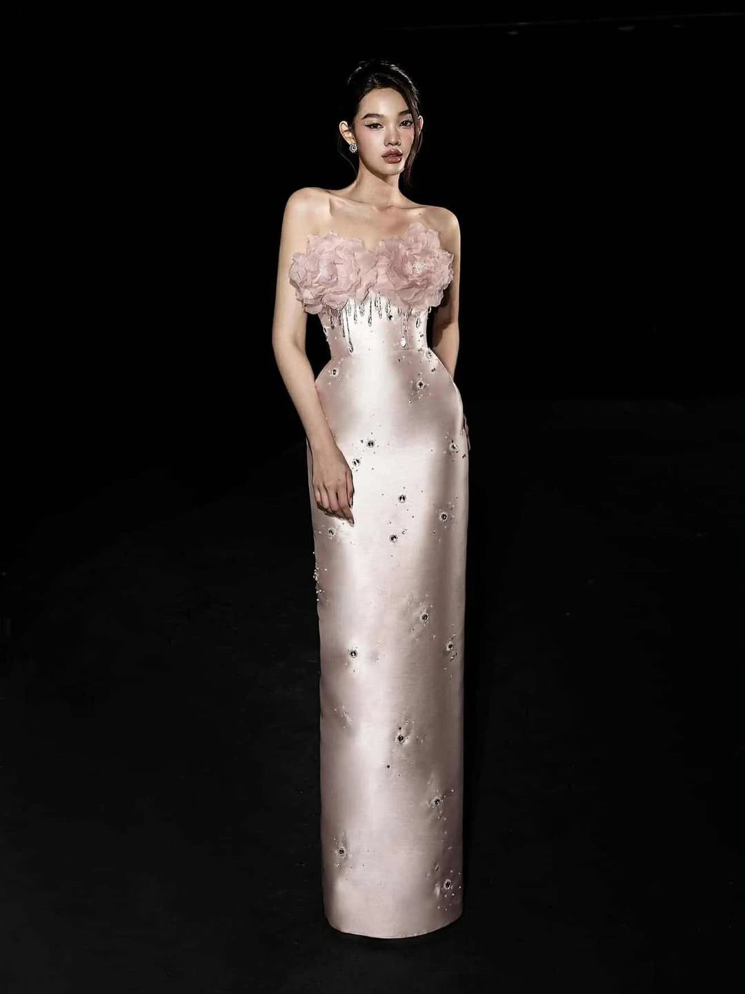 Ofherown 3D Flower Strapless Beaded Crystal Prom Gown New Blush Satin Evening Dress Elegant Formal Party Straight Maxi Dress