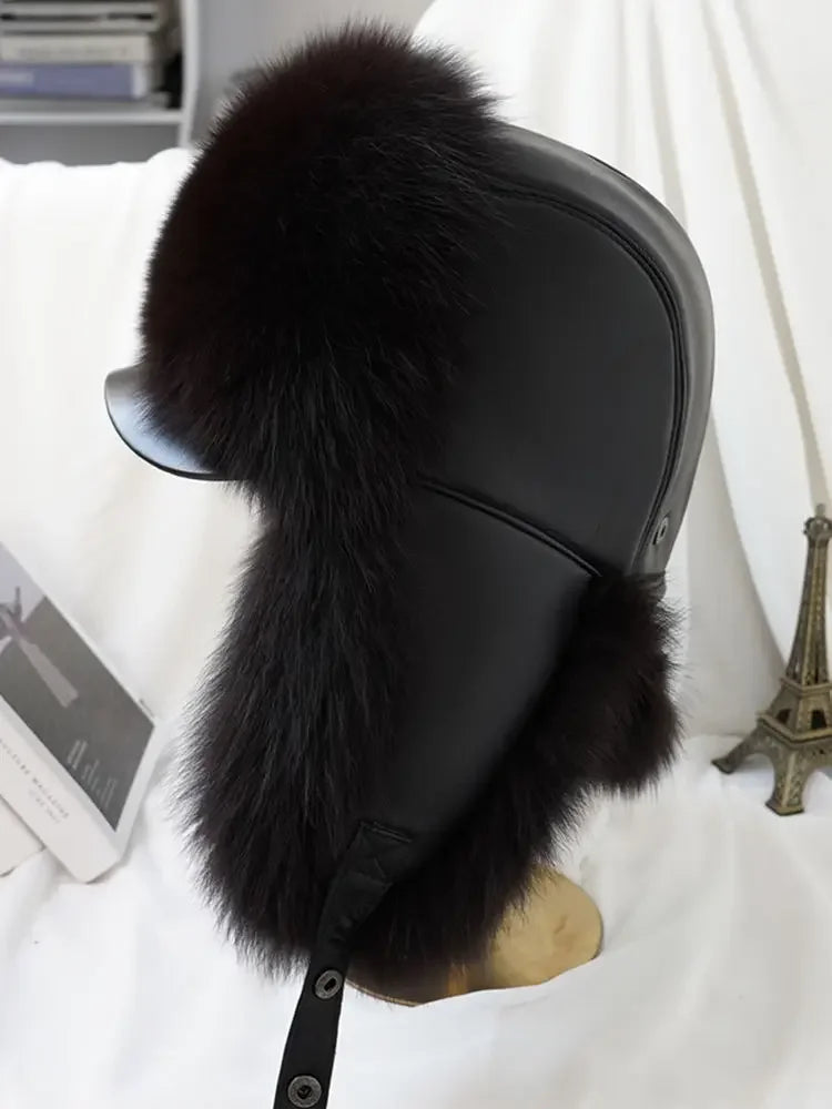 New Winter Men's 100% Real Silver Fox Fur Bomber Hat Raccoon Fur Ushanka Cap Trapper Russian Man Ski Hats Caps Real Leather Top - Kimlud