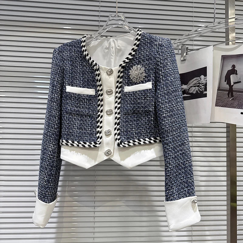 DEAT 2025 Autumn New Fashion Rhinestone Pin Contrast Color Tweed Short Jacket For Women Pocket Short Skirt Female 11A06364