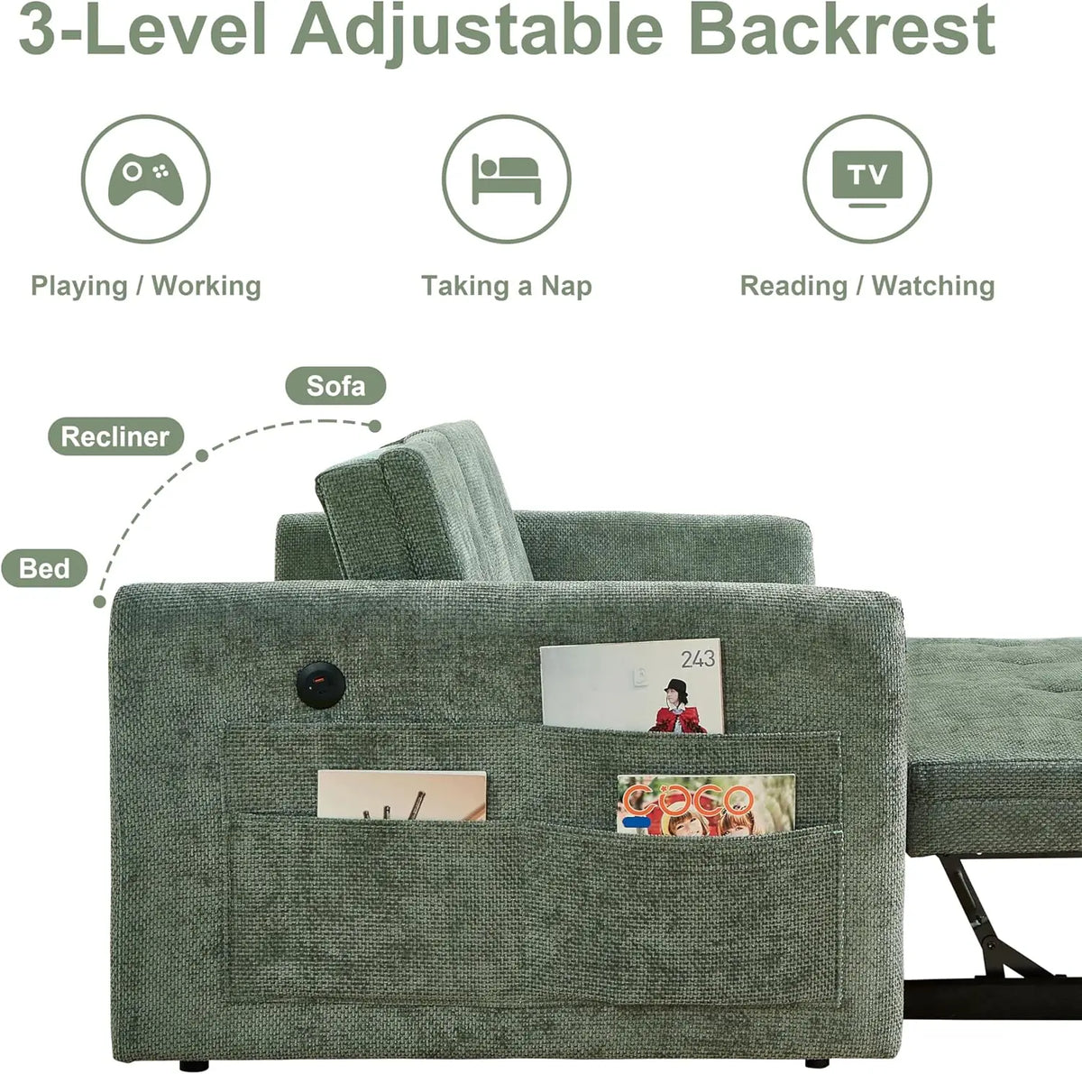 57.48' Convertible Sofa Bed with Cup Holder, Pull Out Sleeper Sofa Bed with USB Charging Ports | Kimlud Luxury Sofa