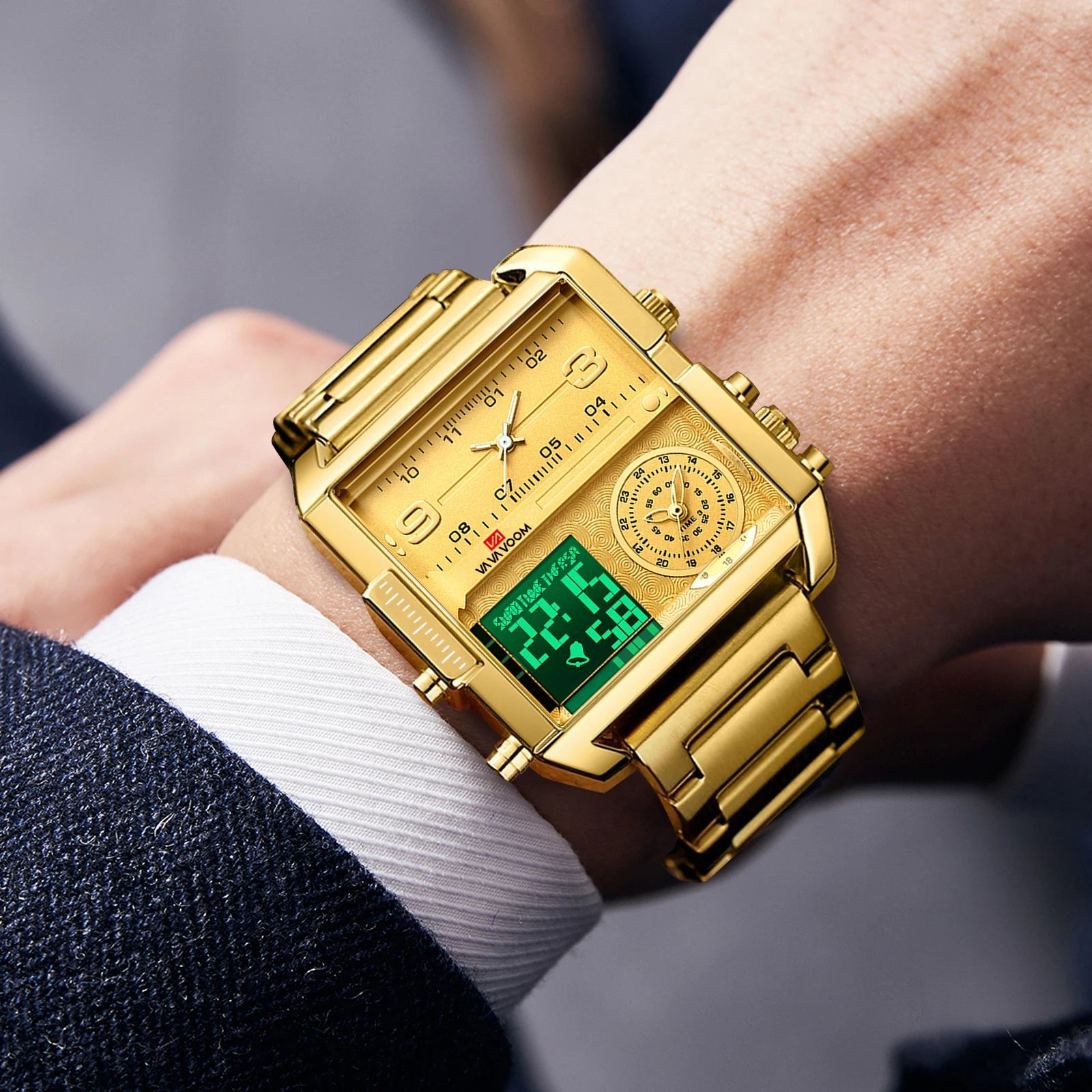 2025 New Men LED Watch Fashion Square Creative Quartz Movement Black Stainless Steel Waterproof Timing Electronic Watch for Men - Kimlud