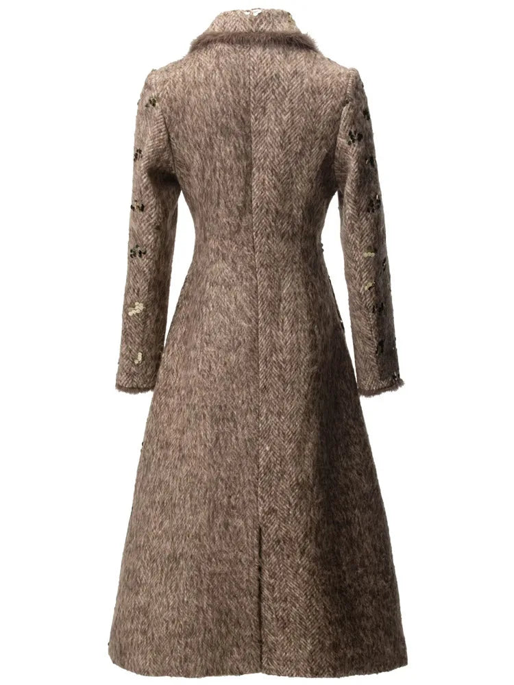 IEQJ Fashion Autumn Winter Woolen Coat Women Turn-Down Collar Fur EdgeDouble Breasted Long Sleeves Sequins Slim Blends Coat New