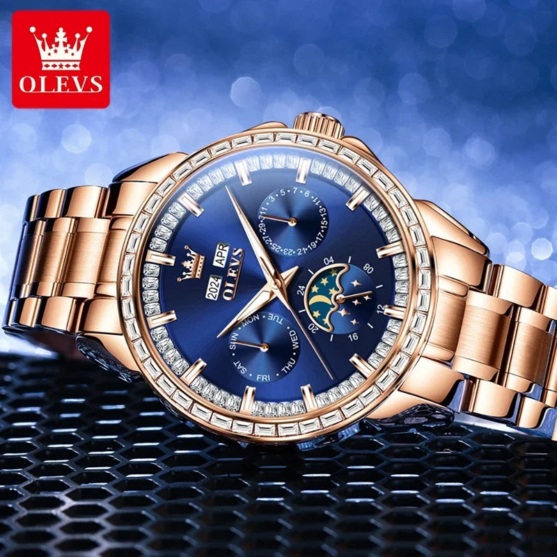 OLEVS 6695 NEW Men's Watches Full Multifunctional Dial Blue Leather Strap Calendar Week Moon Phase Waterproof Wristwatch...