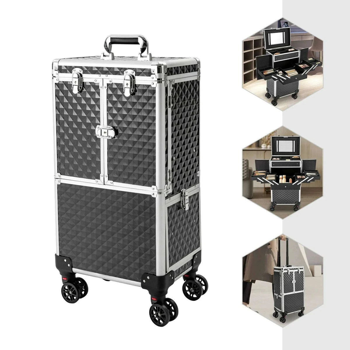 Multi-tier Rolling Makeup Case, Heavy-duty ABS and Fiberboard Construction, Ergonomic Handle, Perfect for Hairstylists