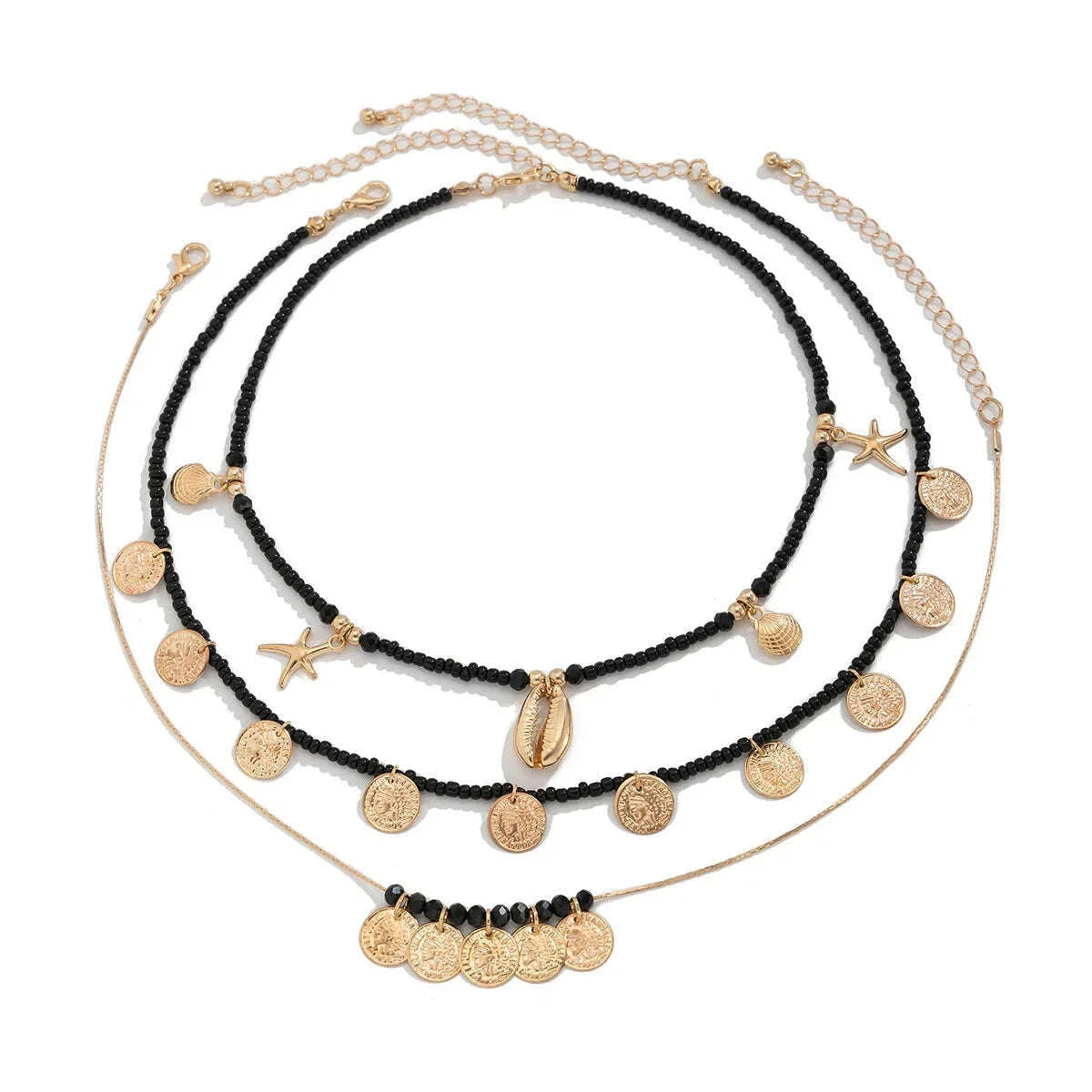 Ingemark 3Pcs/Set Boho Black Seed Beads Chain Necklace for Women Goth Starfish Conch Coin Pendant Choker Y2K Neck Jewelry Gift