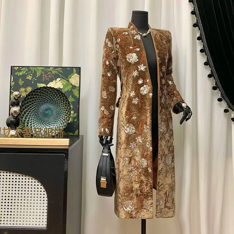 Women Spring Autumn New Heavyweight Sequined Embroidered Jacquard Coat Brown Velvet Stand-Collar Slim Fit Trench Coat Top