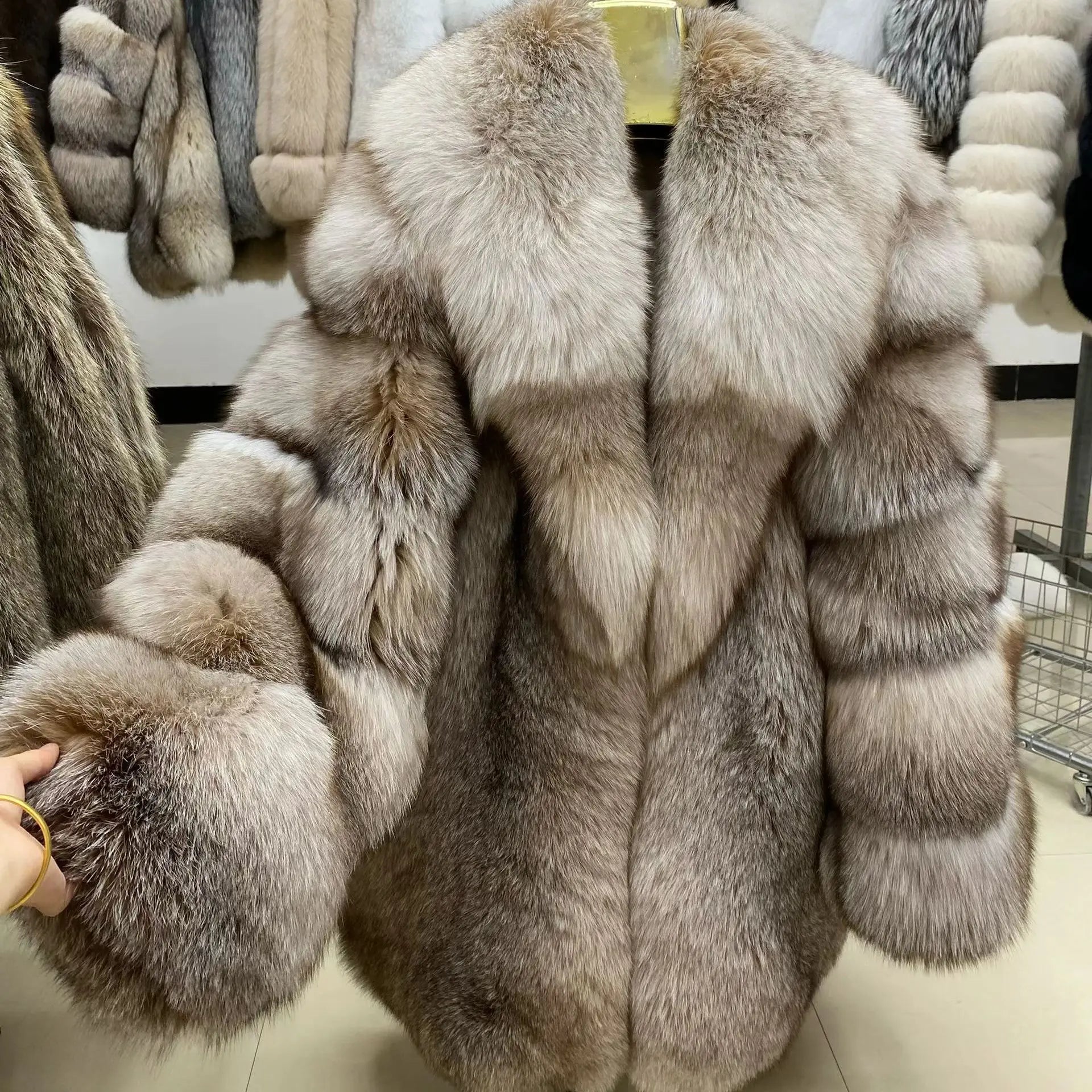 High End Elegant Women's Silver Blue fox Jacket Long fox Collar V-neck Custom Color Real fox Fur Women's Coat