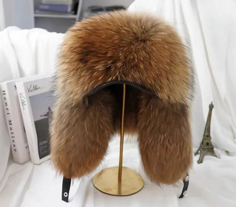 New Winter Men's 100% Real Silver Fox Fur Bomber Hat Raccoon Fur Ushanka Cap Trapper Russian Man Ski Hats Caps Real Leather Top - Kimlud