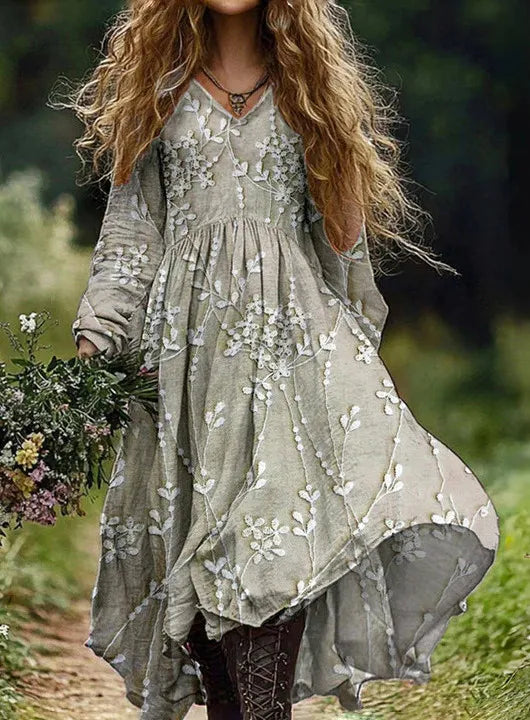 Boho Vintage Print Long Dresses For Women 2025 Casual V Neck Full Sleeve Splice High Waist Loose Dress Autumn Fashion Vestidos - Kimlud