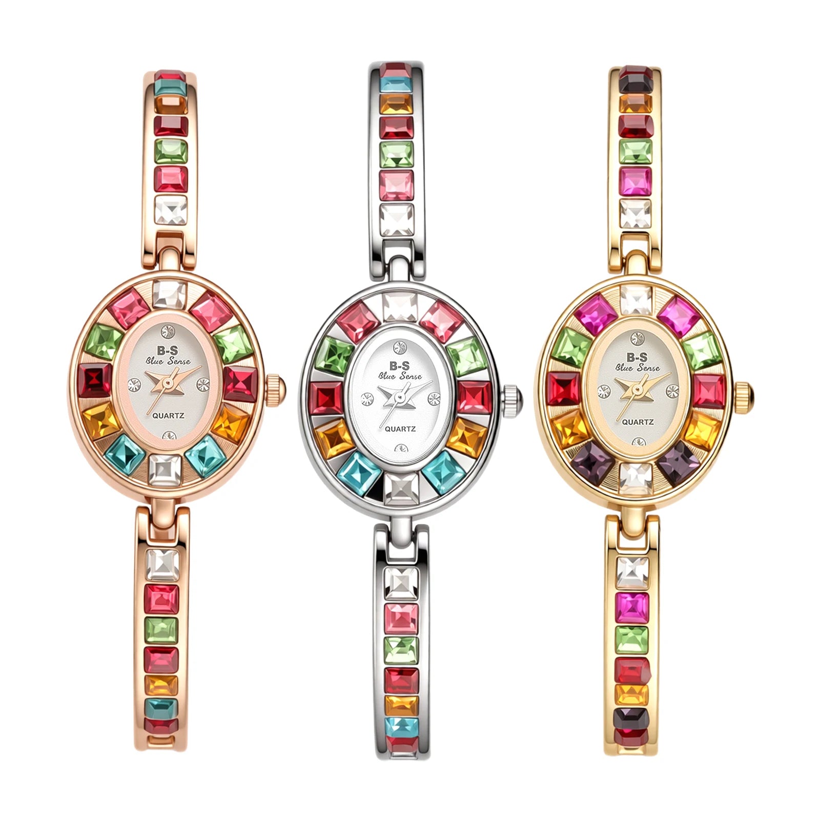 JEWELRYWE Women Oval Case Diamond Bracelet Watch Quartz Elegant Shell Dial Removable Strap Party Dress Watch - Kimlud