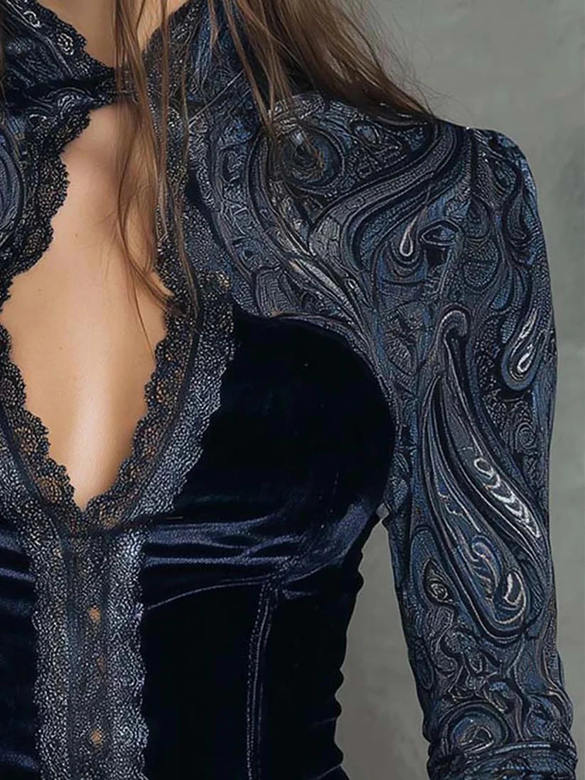 Sexy Lace Patchwork Vintage Printed Women's Shirt High Neck Hollow Out Slim Long Sleeve Chic Elegant Tops Single-Breasted Shirts