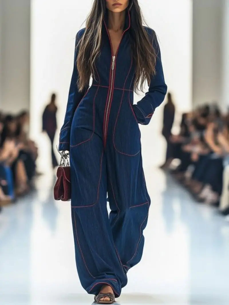 Sexy Women Lapel Retro Zipper Jumpsuit Long Sleeve Wide Leg Denim Style Casual Streetwear Daily Commute Dating Gathering...