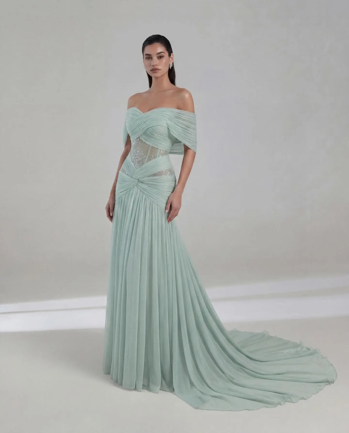 Ofherown Mint Green Pleated Evening Dress Off Shoulder Ruched Sequin Waist Sheer Mesh Formal Gown Wedding Guest Custom Made