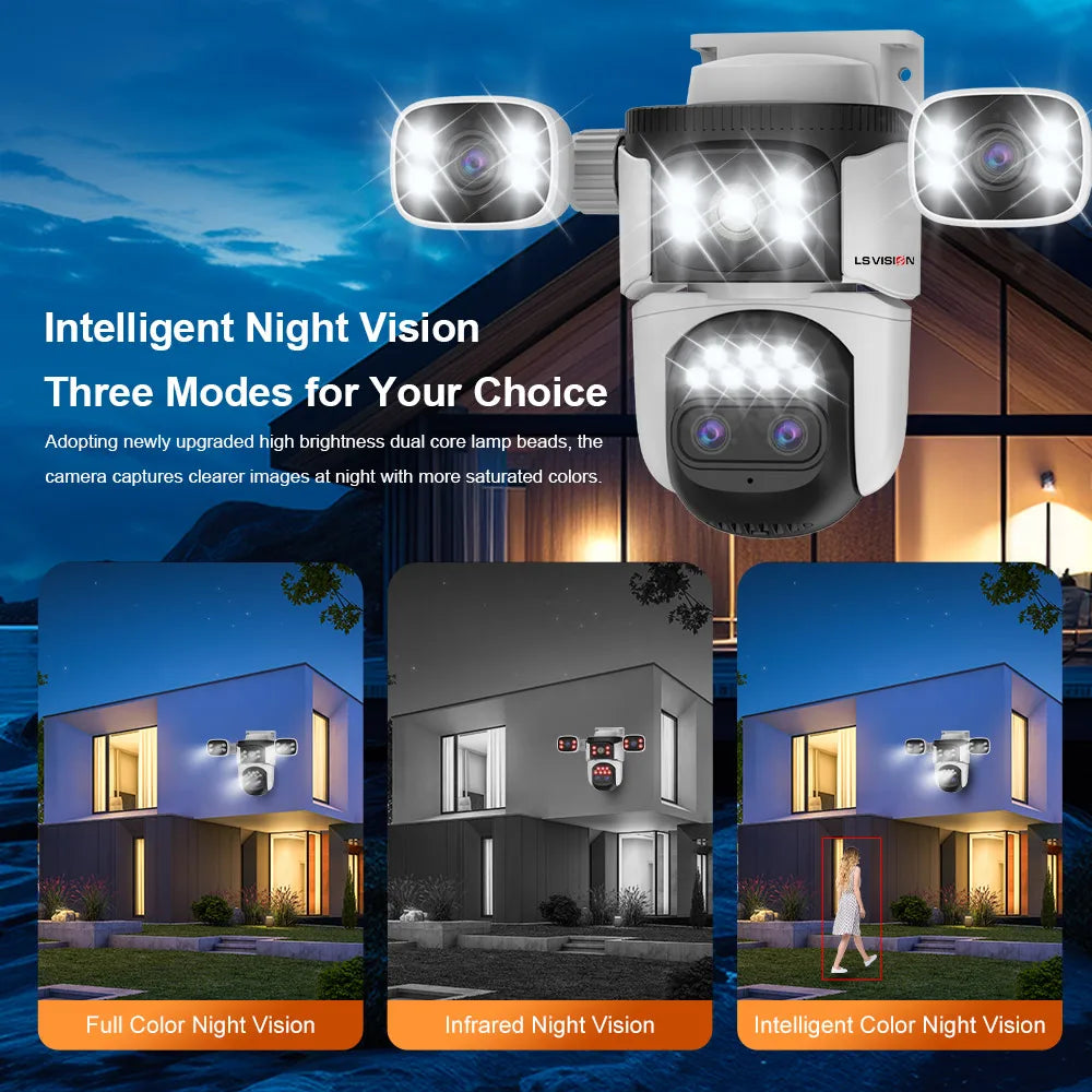 LS VISION 20MP WiFi Security Cameras 10X Zoom Three Screen Four Lens CCTV PTZ Auto Tracking Human Detection Surveillance Cameras