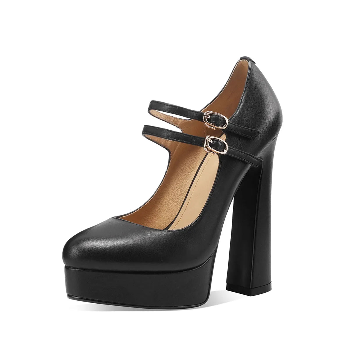 Arden Furtado Spring Beige Cowhide Platform High-Heeled Shoes Round Toe Chunky Heels Double-Row Buckle Pumps Mary Jane Shoes
