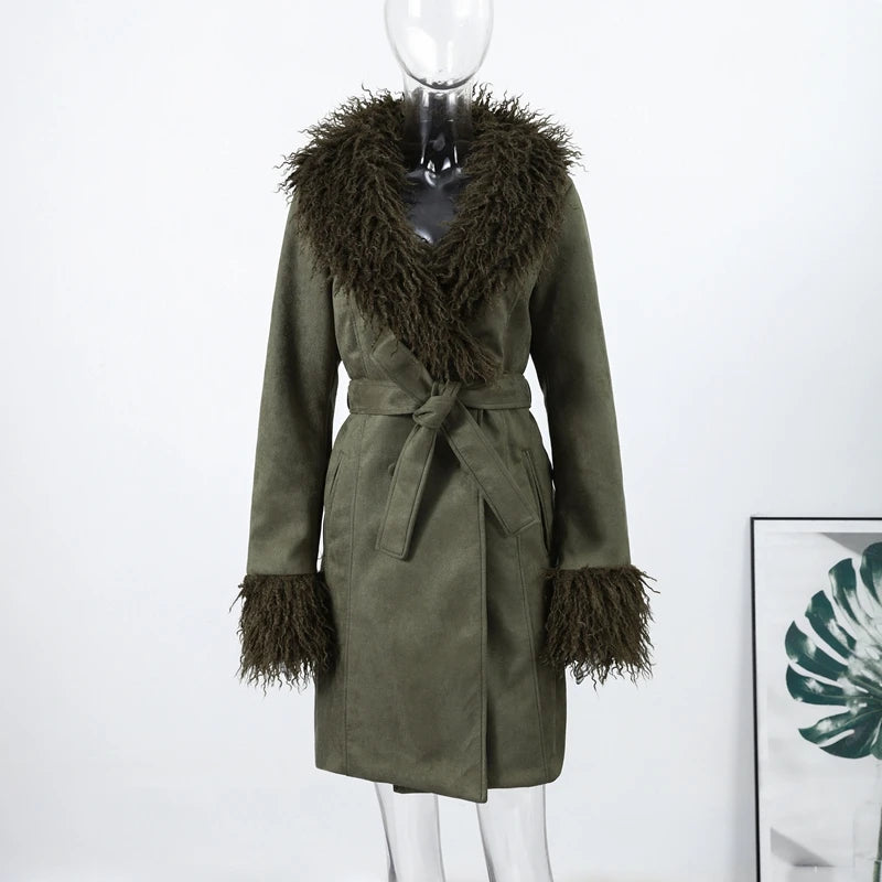 Vintage Patchwork Women's Faux Fur Trim Coat Urban Lapel Full Sleeve Female Jacket Female 2026 Spring Winter Lady Streetwear New