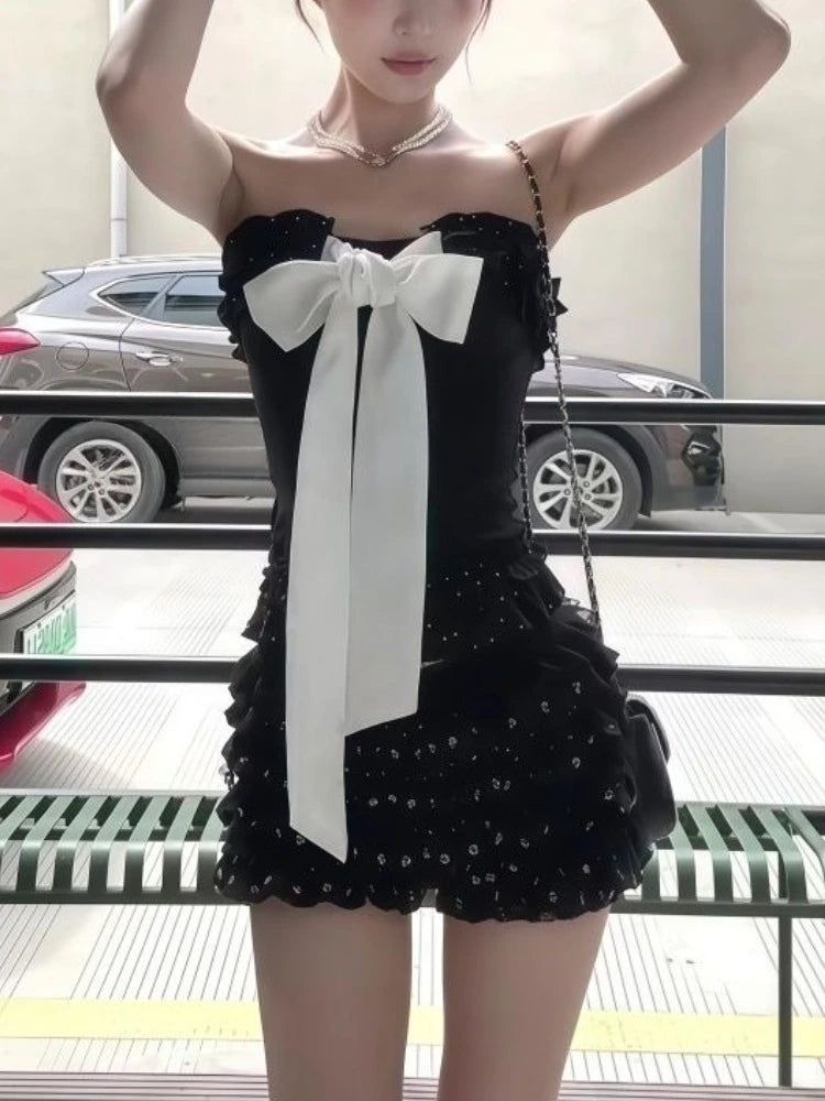 New Summer Sexy Bow Elegant 2 Piece Set Women Y2k Vintage Strapless Tops + Mini Skirt Harajuku Fashion Female Party Chic...