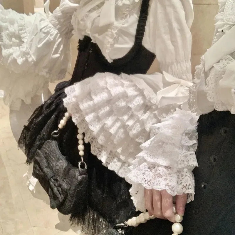 Lolita Lace Blouse Shirt Sweet Women Graduate Cute Ruffle Kawaii Tops Layer Bell Flare Sleeve Princess Doll Collar With Bow