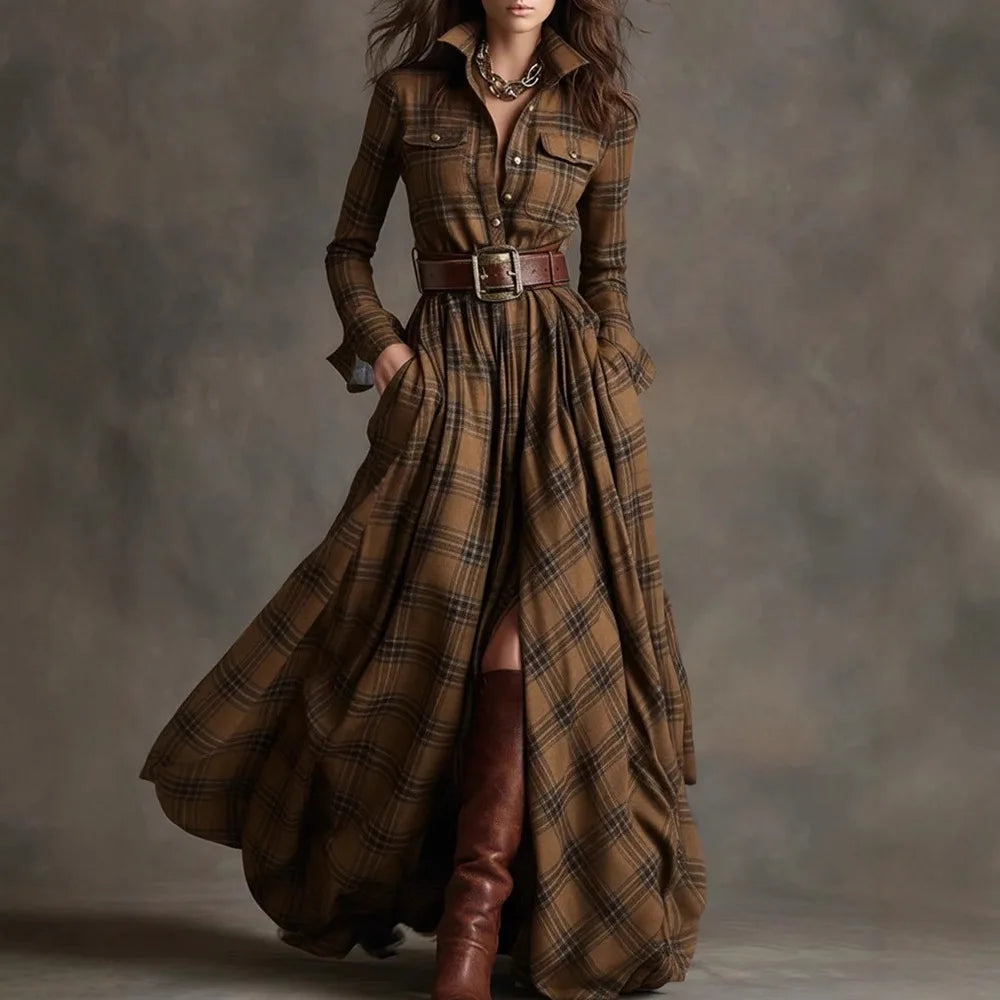 Plaid with Belt Retro Long Dress Lapel Button Irregular A Line Skirts Long Sleeve Casual Women's Dresses Autumn Elegant Clothes