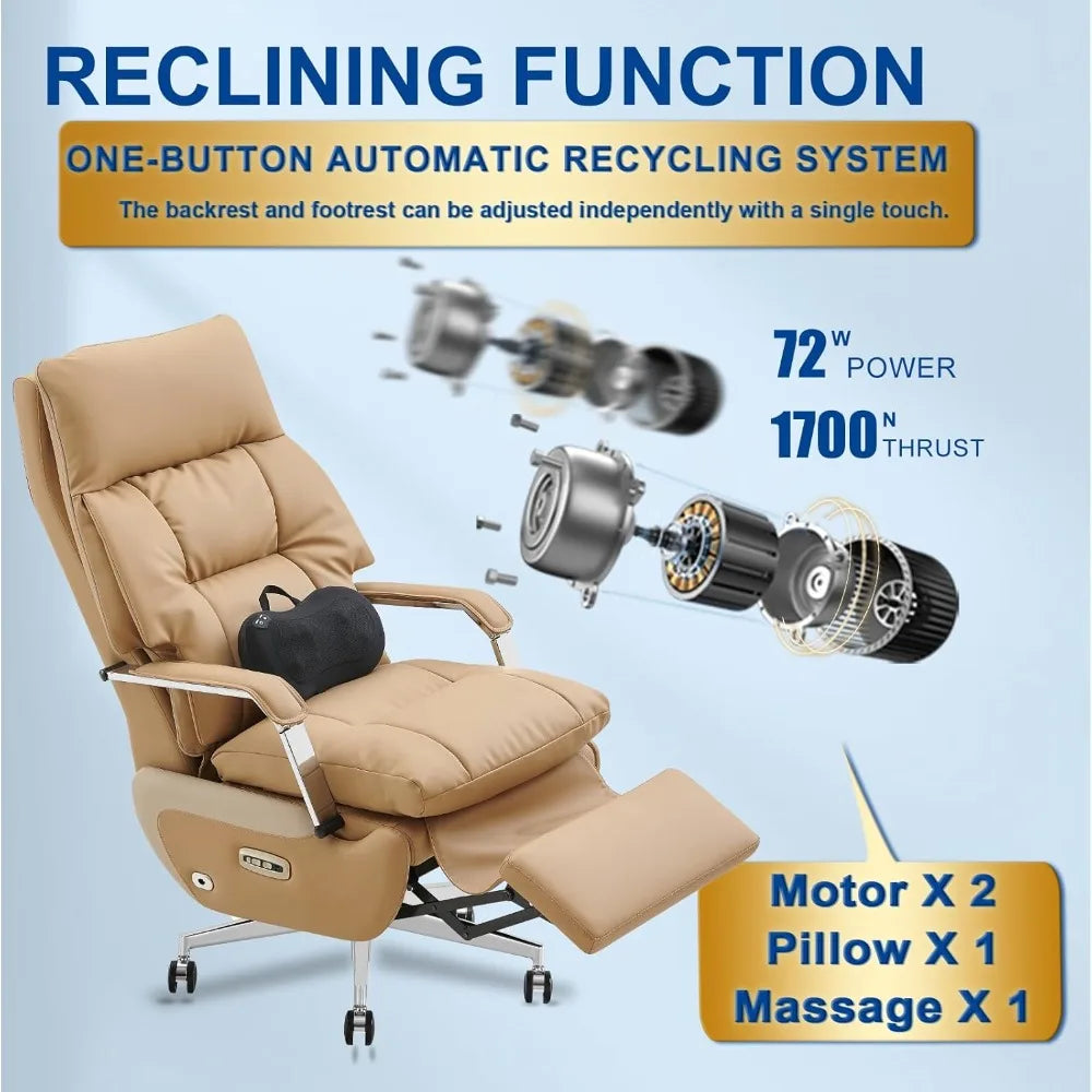 Dual Motor Executive Home Office Chair with Footrest One-Click Electric Recline with Massage Pillow Support 430LBS Big and Tall