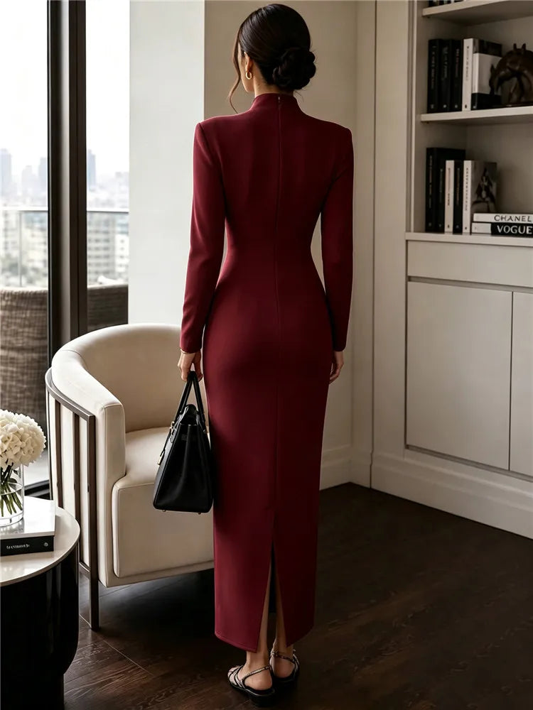 2026 Women's Fashion Evening Party Elegant Long Dress Solid V-Neck Long Sleeve Sheath Bodycon Maxi Dresses White Black Clothing