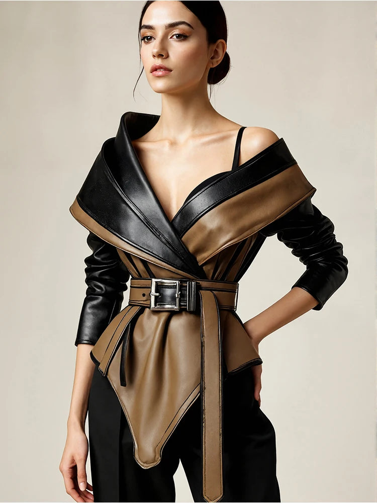 PU Faux Leather Jacket for Women's One Shoulder Splice Irregular Hem Long Sleeve Leather Coat Casual Vintage Elegant Jacket Belt