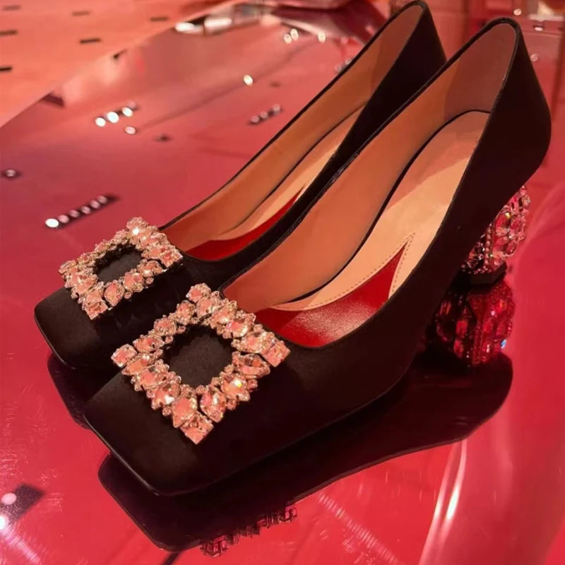 New Rhinestone High Heels Women Slip-On Pumps Women Square Toe Party Crystal Dress Shoes Femmes Chaussures Zapatos De Mujer - Kimlud