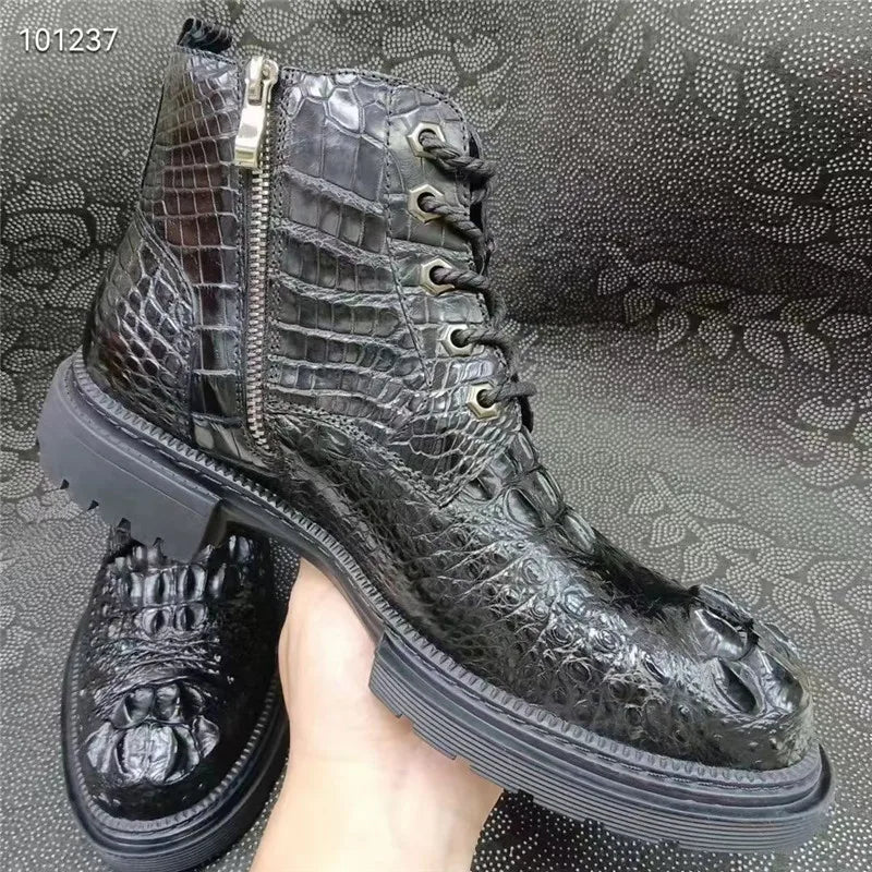 Authentic Real True Crocodile Skin Men's Casual Black High-top Shoes Genuine Exotic Alligator Leather Male Short ZIP Ankle Boots