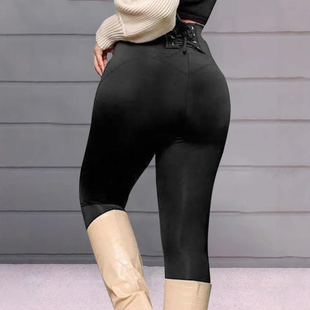 Women Solid Color Slim Leggings Pants Back Waist Strap Design Waist Lift Hip Tight Trousers Ankle Length Slim
