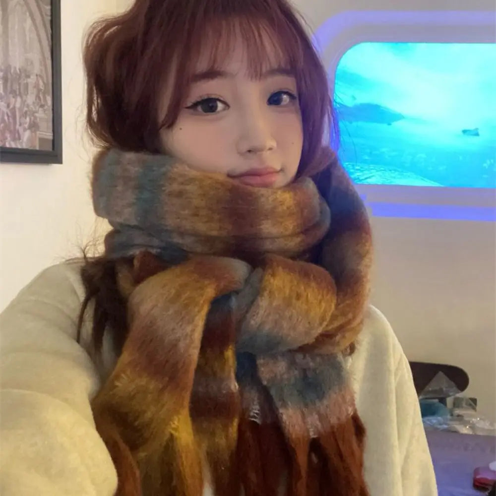 New Warm Winter Cashmere Scarf Stripe Pattern Mohair Long Tassel Scarves Plaid Soft Thickened Shawl Wrap Women | Kimlud...