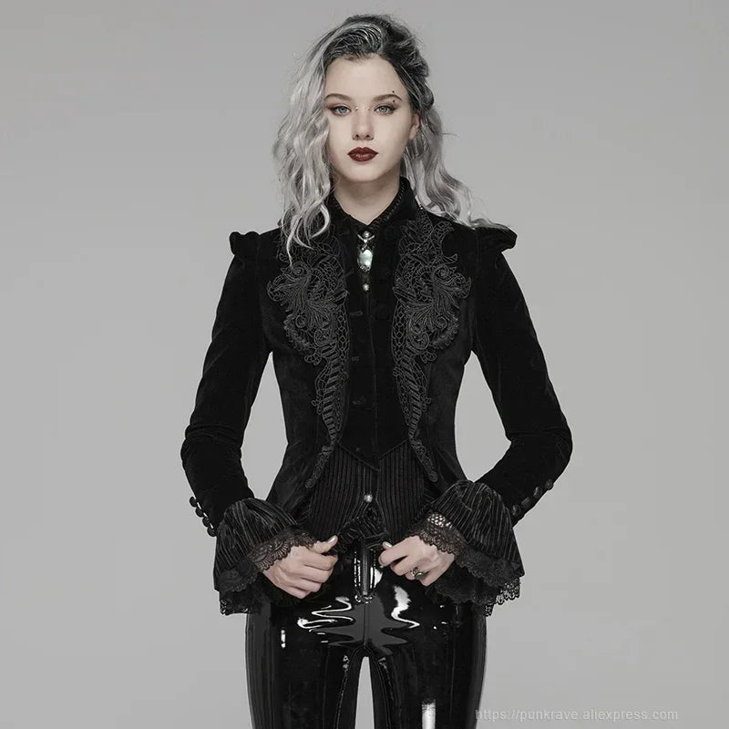 PUNK RAVE Women's Gothic Lolita Puff Long Sleeved Black Short Coat Party Club Halloween Jacket with Exquisite Lace Decoration