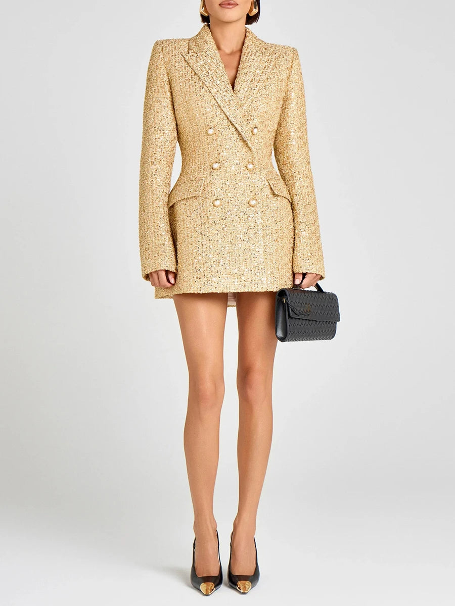 TWOTWINSTYLE Slimming Spliced Sequins Temperament Coats for Women Lapel Long Sleeves Tunic Patchwork Double Breasted Coat Female - Kimlud