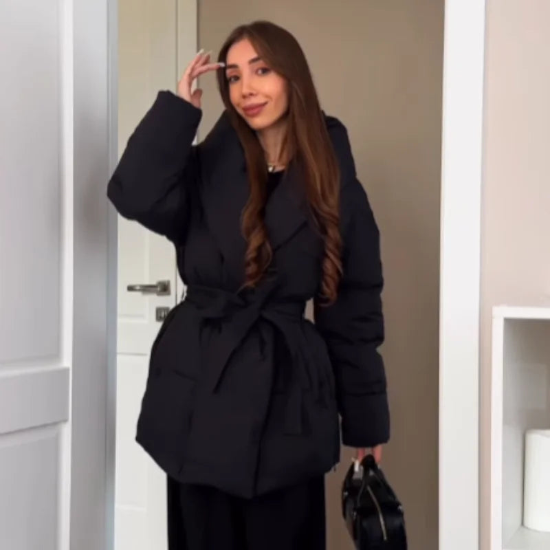 Warm Women's Puffy Quilted Hooded Long Cotton Coat Loose Solid Stand Collar Lace Up Zipper Overcoats 2025 Winter Lady Outwear