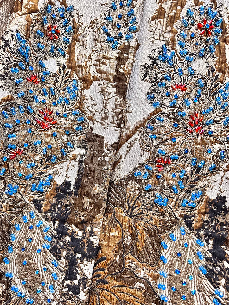 Luxury Jacquard Coat for Women Autumn Winter Vintage Gold Embroidery Beaded 3/4 Sleeve Loose Outerwear Elegant Retro Jacket