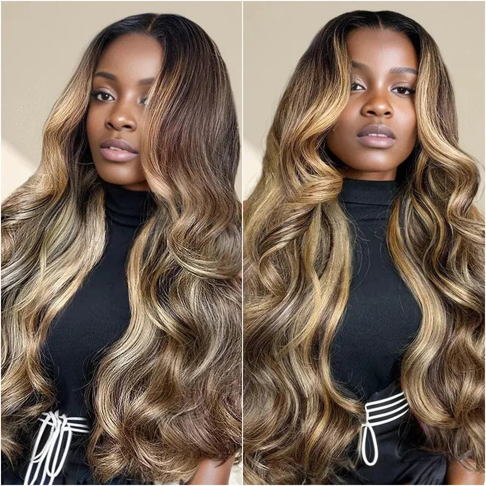 Highlight 13x4 Body Wave Lace Frontal Wigs Human Hair Brazilian 13x6 HD Lace Frontal Ombre Honey Blonde Colored Wig For Women - Kimlud