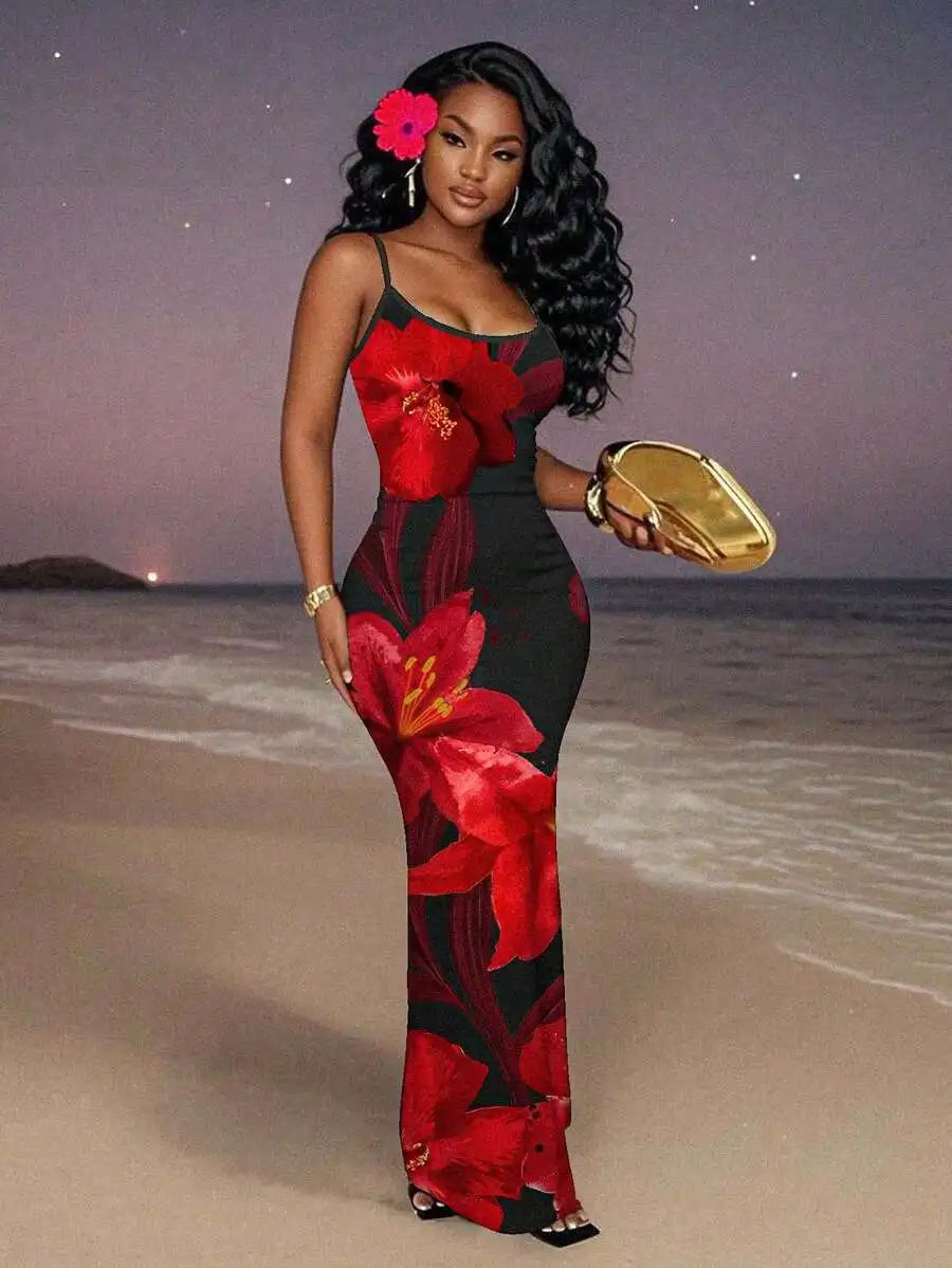 Womens Floral Print Elegant Waist Cinched Long Strap Dress For Party,Summer Dresses For Women