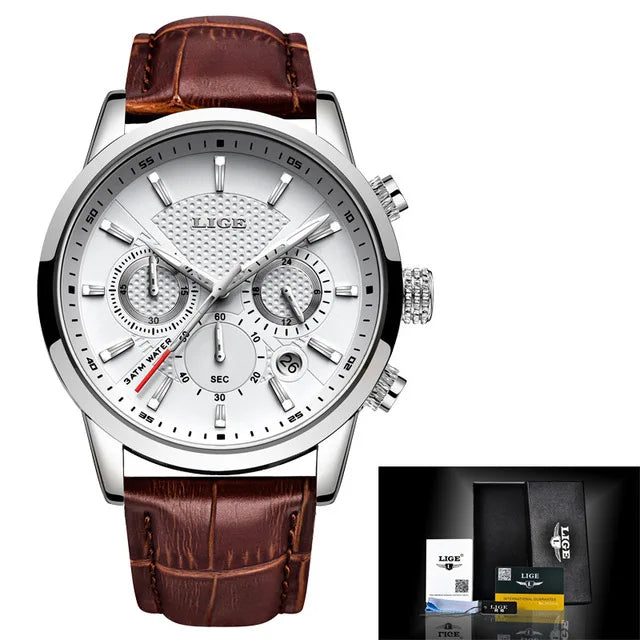 New Top Brand LIGE Mens Watches Fashion Sport Leather Watch Man Luxury Date Waterproof Quartz Chronograph Relogio Masculino+Box