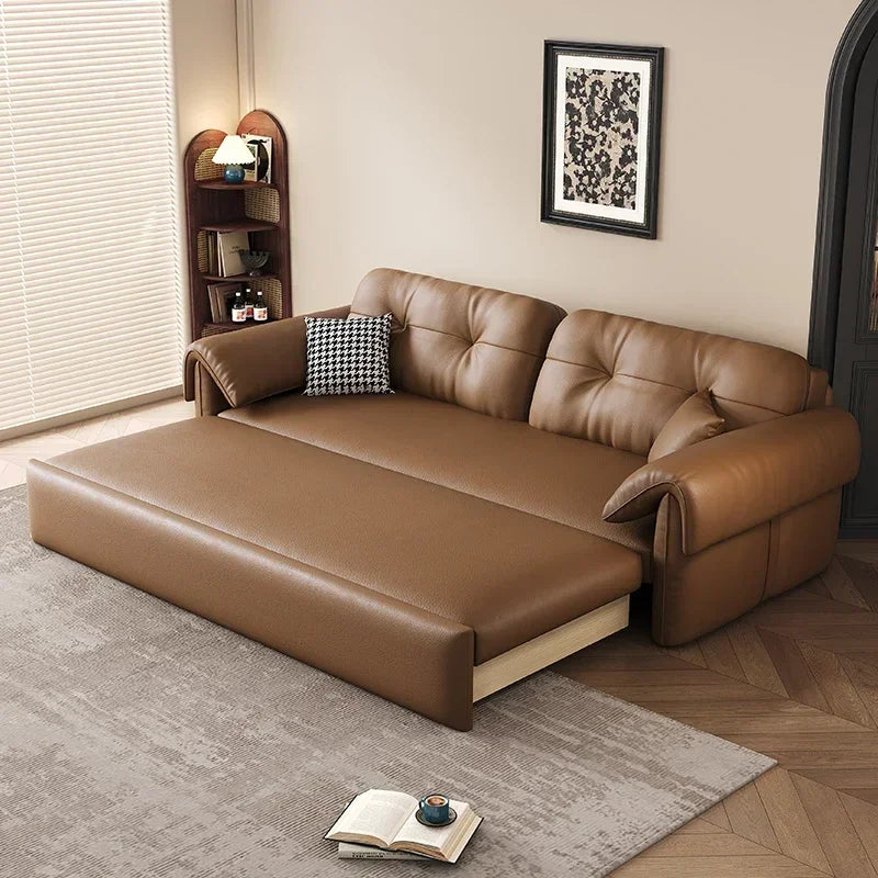 European Living Room Sofa Bed Brown Faux Leather Italian Modern Sleeper Double Couch Chaise Lounge Small Divano Letto...