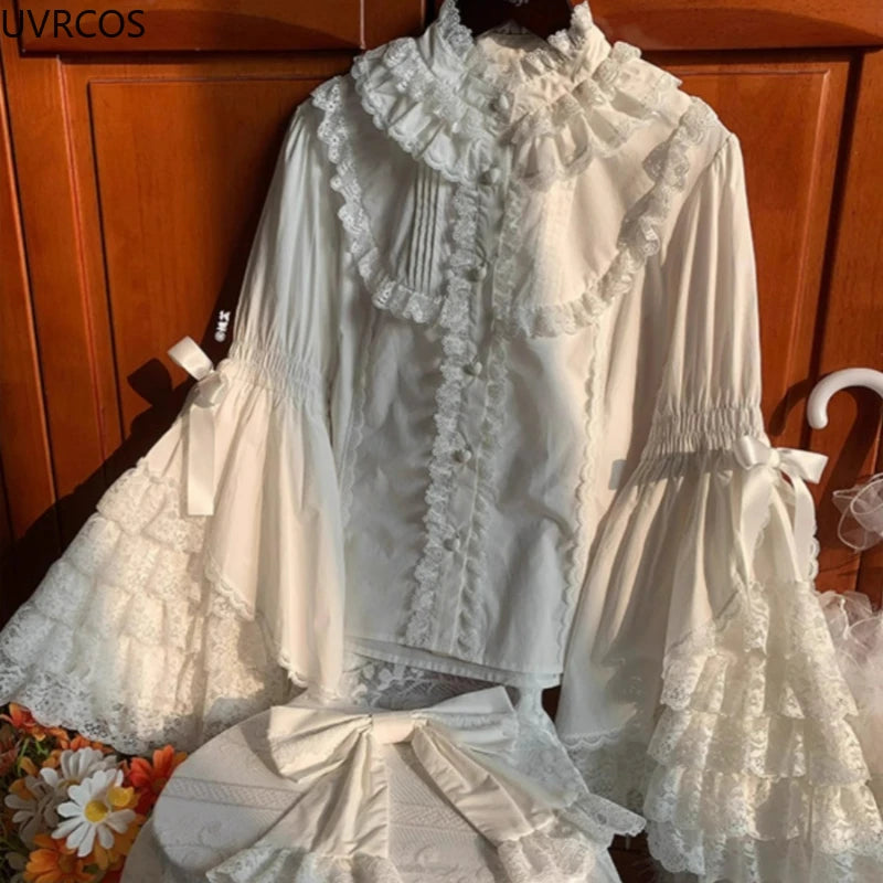 Japanese Sweet Cute Lolita Flare Sleeve Bow Shirts Women Y2k Aesthetic Lace Patchwork Blouse Kawaii Girl Loose Blusas Mujer Tops