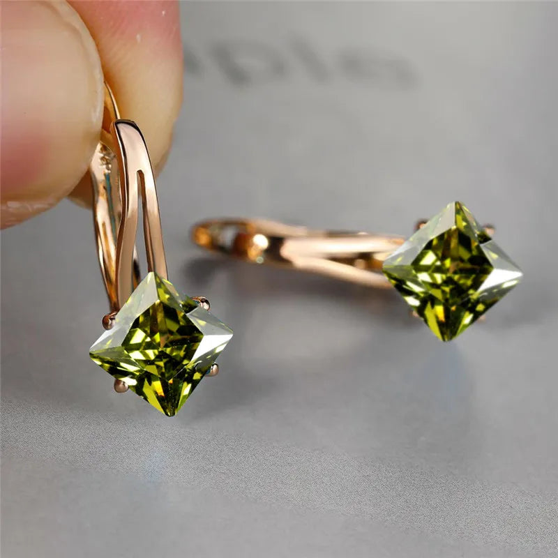 Cute Female Champagne Square Jewelry Luxury Crystal Zircon Stone Hoop Earring Rose Gold Color Wedding Earrings For Women
