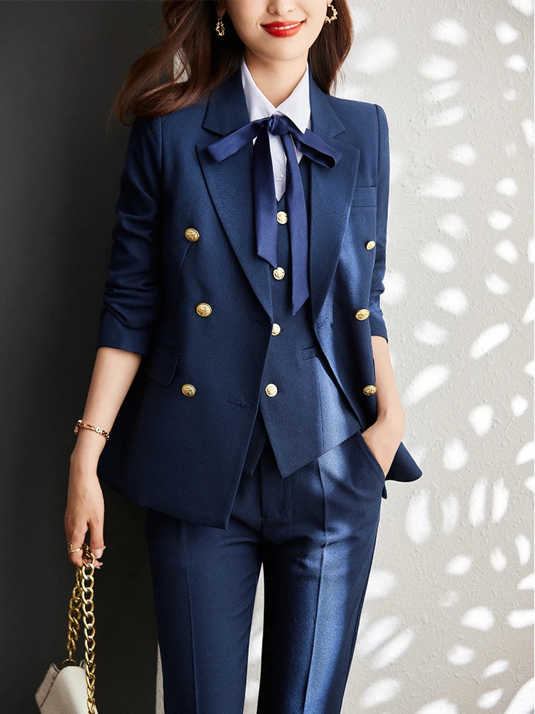 Autumn Winter Women Vest Blazer and Pant Suit Orange Navy Khaki Office Ladies Formal Business Work Career Wear 3 Pieces Set