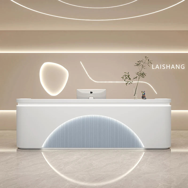 Unique White Reception Desks Organizers Display Drawer Led Lights Reception Desks Aesthetic Modern Bureau Commercial Furniture - Kimlud