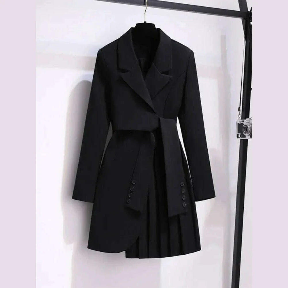 2022 Autumn Office Sashes Bandage Waist Tie Blazer Dress Women Long Sleeve Notched Collar Pleated Irregular Mini Vestidos
