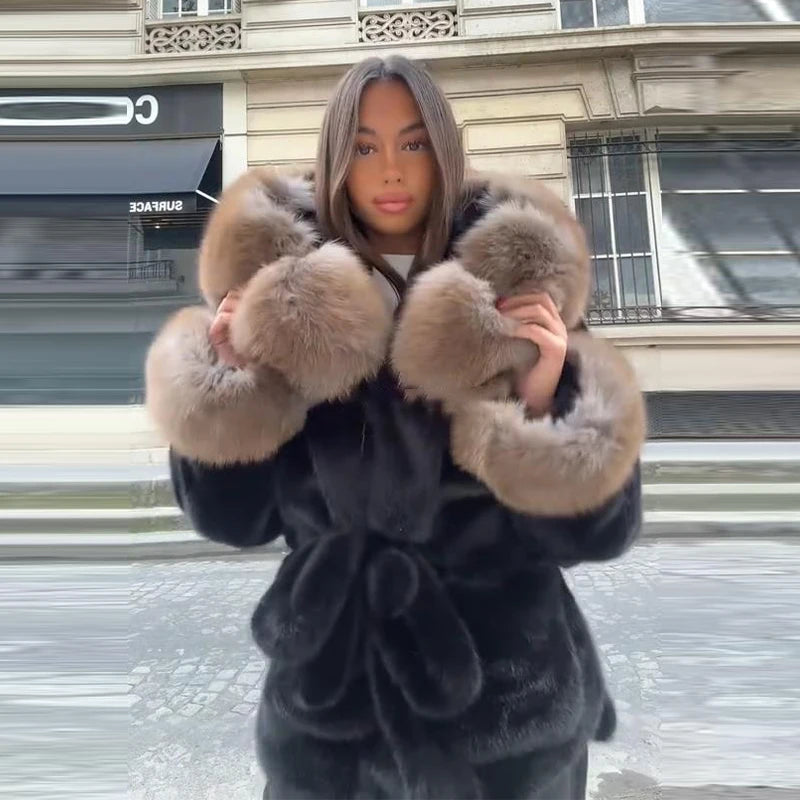 Women's Faux Fur Coats Lace Up Waist Cinching Winter Coat Autumn 2025 Female Furry Long Sleeve Slim Jacket Chic Ladies Outerwear